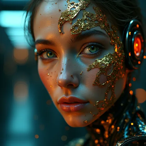 Prompt: A hyper-realistic portrait of a futuristic cybernetic woman whose face is symmetrically divided into a glowing, biomechanical side and a human, expressive side. The cybernetic side is composed of intricate gold and orange circuitry with shards and glowing fragments, while the human side features soft skin with subtle highlights reflecting blue ambient light. The black background is a soft blur of a few neon orange and blue-green lights, creating a cinematic high-tech atmosphere. The composition emphasises her piercing green eyes and the detailed textures of skin and metal. The lighting is a dynamic mix of warm and cool tones, adding depth and drama to the scene. The mood is mysterious and ethereal, evoking both humanity and technological transcendence. Highly detailed, photorealistic rendering with an emphasis on depth of field and reflective surfaces.