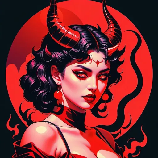 Prompt: beautiful female demon, hell, demonic, vaporwave, retro, aesthetic, liminal, high quality, high definition, beautiful, dramatic lighting, red, black, illustration, sticker, vector