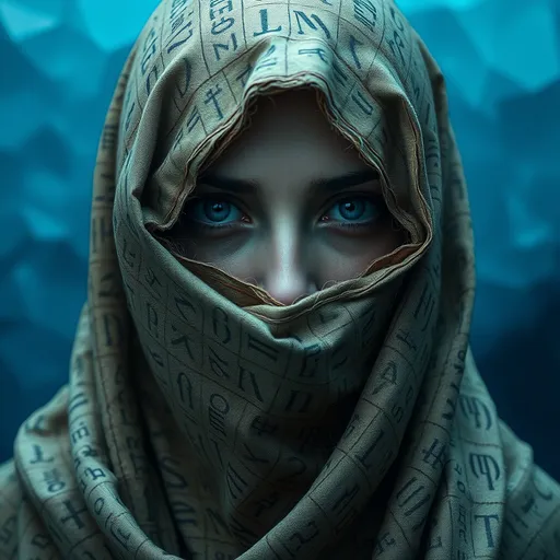 Prompt: Envision a close-up portrait of a female figure wrapped in ancient, hieroglyph-covered cloth, surrounded by a cold, polygonal blue background. The fabric is aged, with cobwebs adorning its edges, and each hieroglyph is meticulously detailed, adding layers of mystery to the figure. Only their eyes are visible, emanating an otherworldly presence that contrasts sharply with the sharp, crystalline facets of the background. The blue gradient ranges from icy whites to deep navy, giving a sense of an endless, frozen landscape. The detailed textures of the fabric and the clarity of the background facets make the scene feel tangible, as if the figure were a relic preserved within a digital prism. This fusion of ancient and modern aesthetics invokes a haunting and futuristic atmosphere, a glimpse into a world where the past is locked within an icy, geometric void.