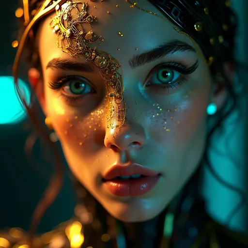 Prompt: A hyper-realistic portrait of a futuristic cybernetic woman whose face is symmetrically divided into a glowing, biomechanical side and a human, expressive side. The cybernetic side is composed of intricate gold and orange circuitry with shards and glowing fragments, while the human side features soft skin with subtle highlights reflecting blue ambient light. The black background is a soft blur of a few neon orange and blue-green lights, creating a cinematic high-tech atmosphere. The composition emphasises her piercing green eyes and the detailed textures of skin and metal. The lighting is a dynamic mix of warm and cool tones, adding depth and drama to the scene. The mood is mysterious and ethereal, evoking both humanity and technological transcendence. Highly detailed, photorealistic rendering with an emphasis on depth of field and reflective surfaces.