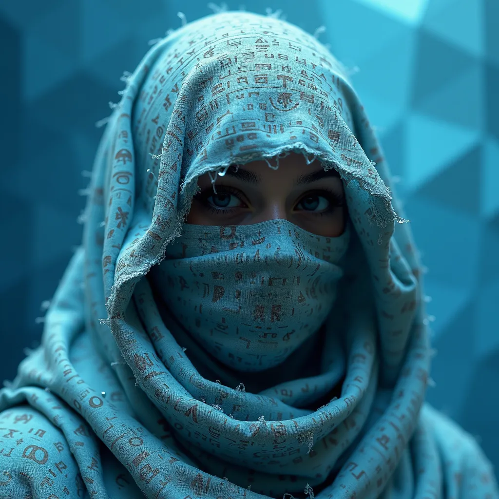 Prompt: Envision a close-up portrait of a female figure wrapped in ancient, hieroglyph-covered cloth, surrounded by a cold, polygonal blue background. The fabric is aged, with cobwebs adorning its edges, and each hieroglyph is meticulously detailed, adding layers of mystery to the figure. Only their eyes are visible, emanating an otherworldly presence that contrasts sharply with the sharp, crystalline facets of the background. The blue gradient ranges from icy whites to deep navy, giving a sense of an endless, frozen landscape. The detailed textures of the fabric and the clarity of the background facets make the scene feel tangible, as if the figure were a relic preserved within a digital prism. This fusion of ancient and modern aesthetics invokes a haunting and futuristic atmosphere, a glimpse into a world where the past is locked within an icy, geometric void.