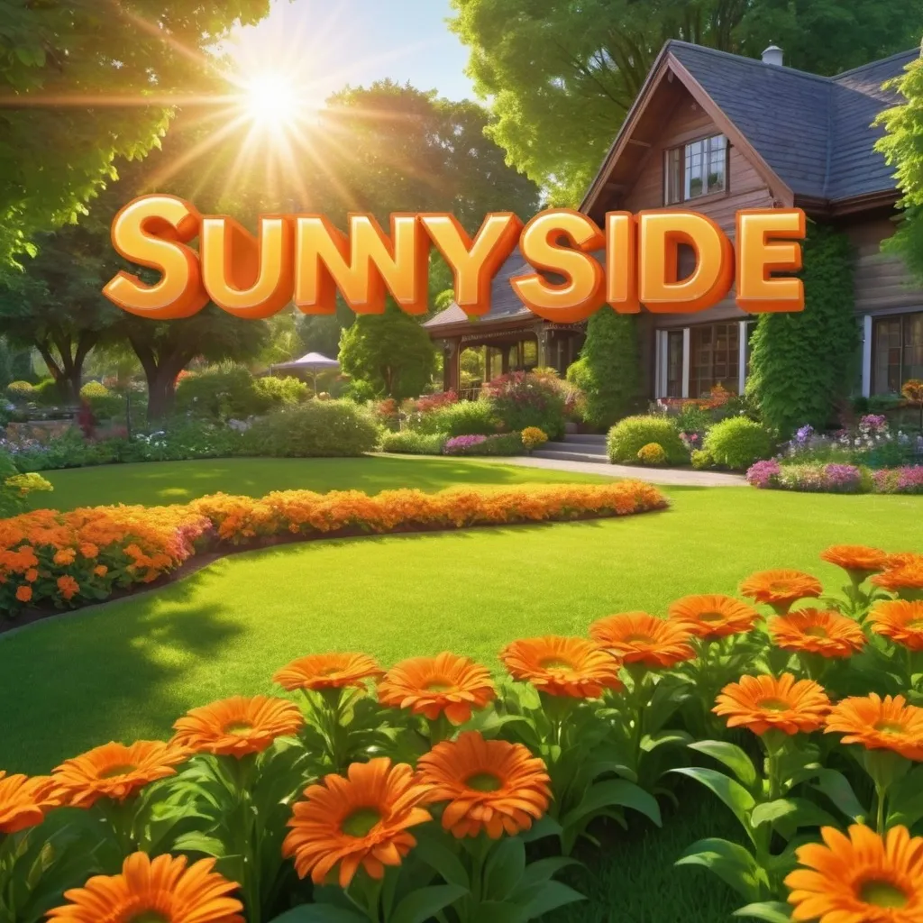 Prompt: Sun rising behind the letters "SunnySide" (in orange) and in front of it is lawn and garden.