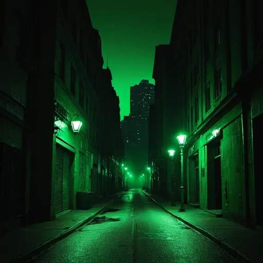 Prompt: Dark city street with green hue