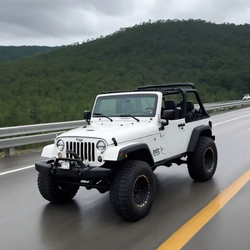 Prompt: jeep with no doors and no top massive tires headlights on in the highway