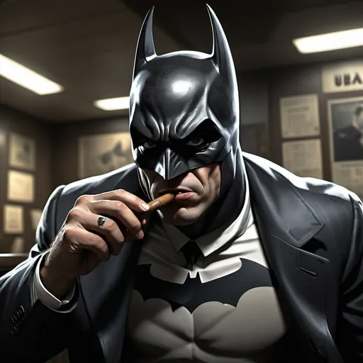 Prompt: CCTV footage of Batman robbing a bank with a huge cigar 