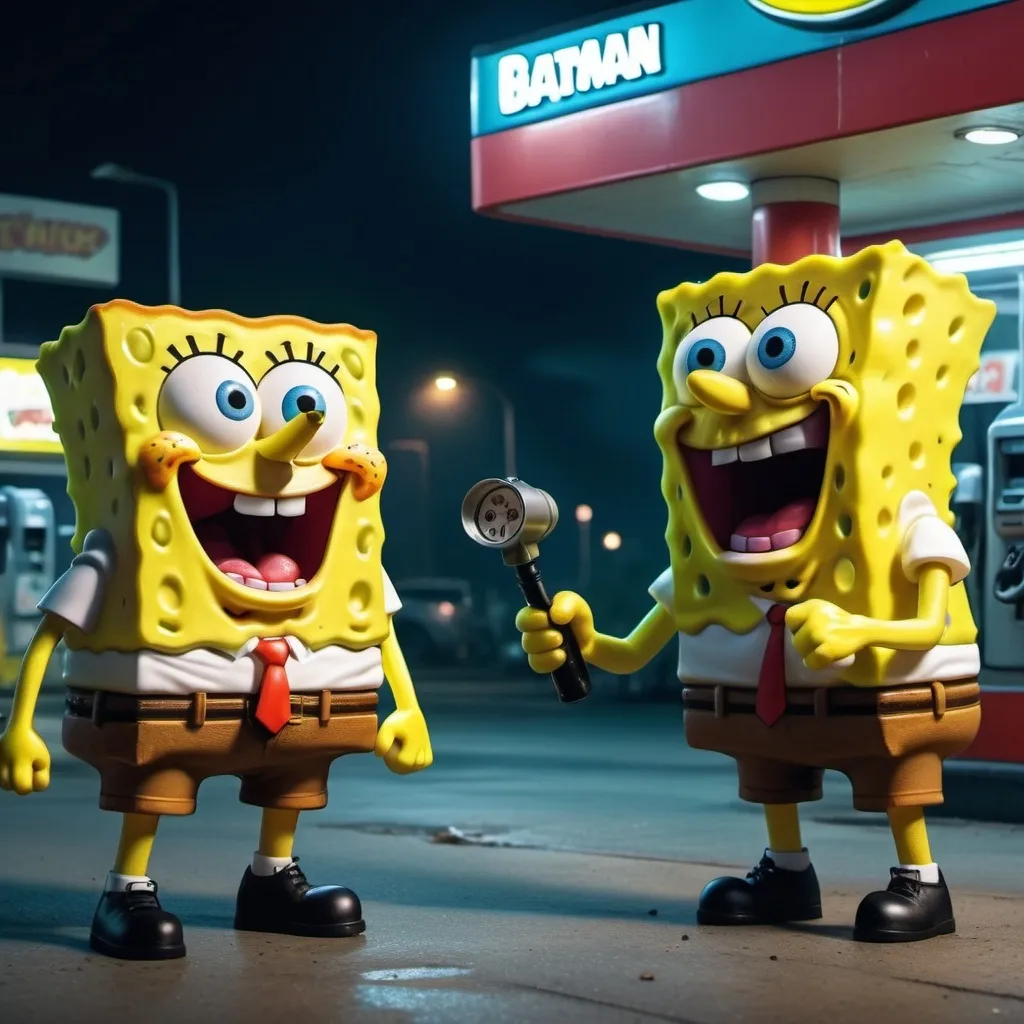 Prompt: CCTV Footage of SpongeBob and Batman fighting in a gas station with huge cigars in their mouths

