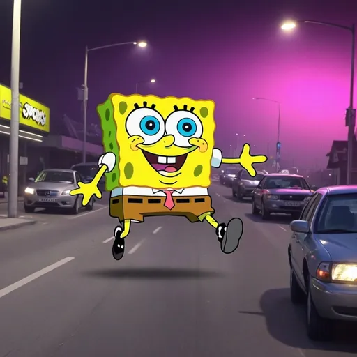 Prompt: CCTV Footage of SpongeBob crashing a car in to Patrick the Star (captured in LSD trip)