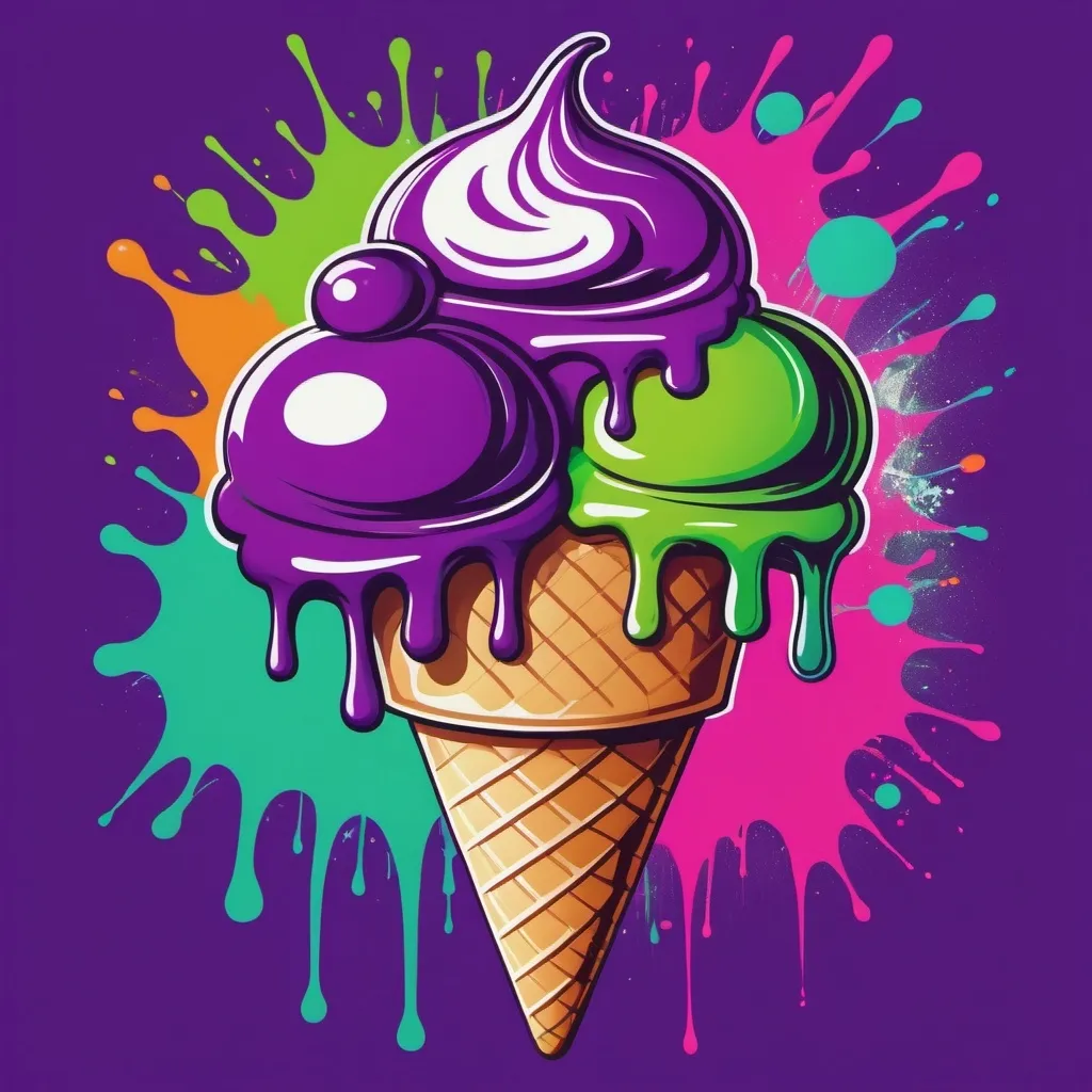 Prompt: Purple and green 60s rock poster ice cream psychedelic 
Drips melty graffiti “Emack & bolios