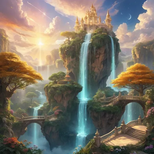 Prompt: (majestic kingdom in the sky), ethereal beauty, floating islands, vibrant sunsets, cascading waterfalls, fluffy white clouds, enchanted gardens, luminous stars, serene ambiance, warm golden tones, whimsical architecture, magical creatures, otherworldly landscapes, heavenly light, high-quality, ultra-detailed, mesmerizing atmosphere, capturing the essence of goodness and wonder.