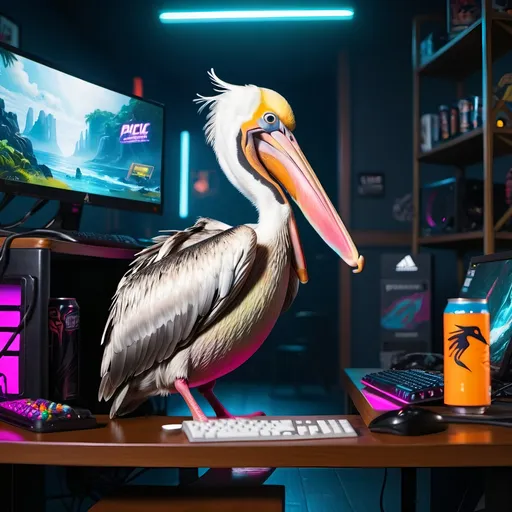 Prompt: Disgruntled pelican gaming on PC with Ghost Energy drink on desk