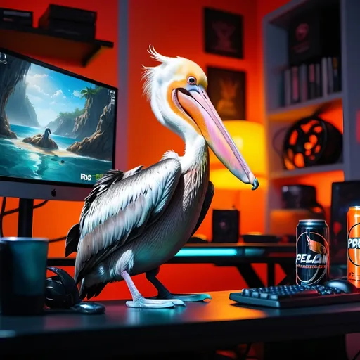 Prompt: Disgruntled pelican gaming on PC with Ghost Energy drink on desk