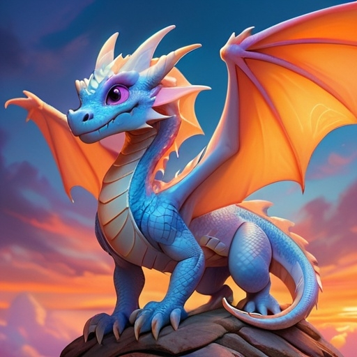 Prompt: friendly young female dragon with shimmery white and blue scales flying through a colorful sunset sky