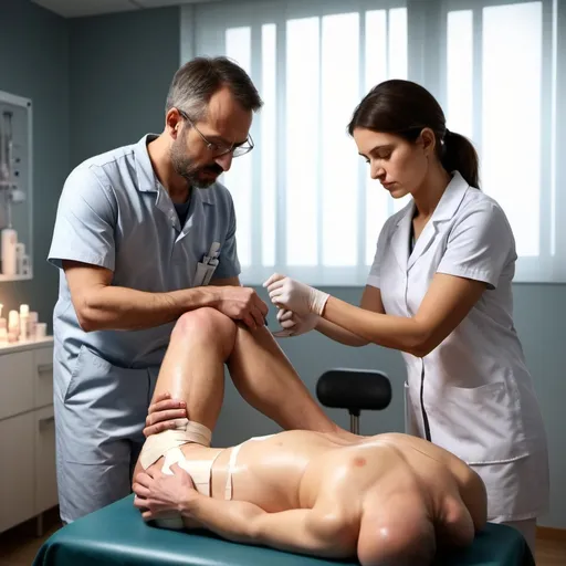 Prompt: (ultra-detailed) scene of a physiotherapist treating a hemophilic patient, focus on the patient nodding in relief, anatomical diagrams in the background, medical tools scattered, a warm and caring atmosphere, soft lighting emphasizing the gentle interaction, showcasing the kneeling position of the therapist and the bandaged knee, capturing a sense of trust and healing, present in a modern clinic environment, high resolution.