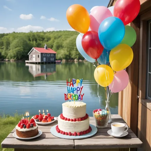 Prompt: Create happy birthday picture with cake and balloons. setting: outdoors, boathouse porch
