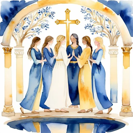 Prompt: (watercolor style) A group of (white women) standing around an ornate well, embracing a (Christian theme), symbolizing unity and faith. Rich (blue and gold) tones bring a serene and uplifting ambiance, with soft brush strokes providing depth and texture. The background features a gentle landscape, enhancing the tranquil scene, depicted in a high quality and artistic masterpiece.