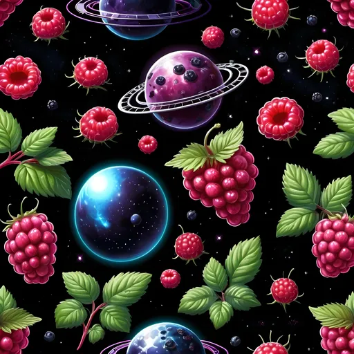 Prompt: Berries including raspberries, blackberries, blueberries, and wild strawberries blooming and growing in space among the planets with a dark background scifi spaceships aliens dark neon