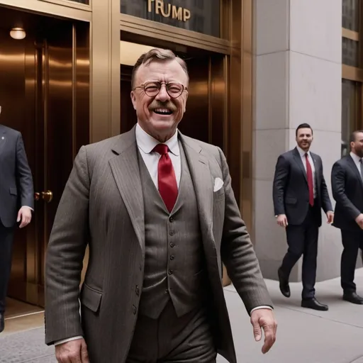 Prompt: pRESIDENT THEODORE ROOSEVELT, confidently going into the Trump Building REACHING FOR THE DOORS in NYC, wearing a modern, stylish suit with a red tie buttoned, smiling brightly at the camera,  high-quality details, 4K, ultra-detailed, cheerful atmosphere.