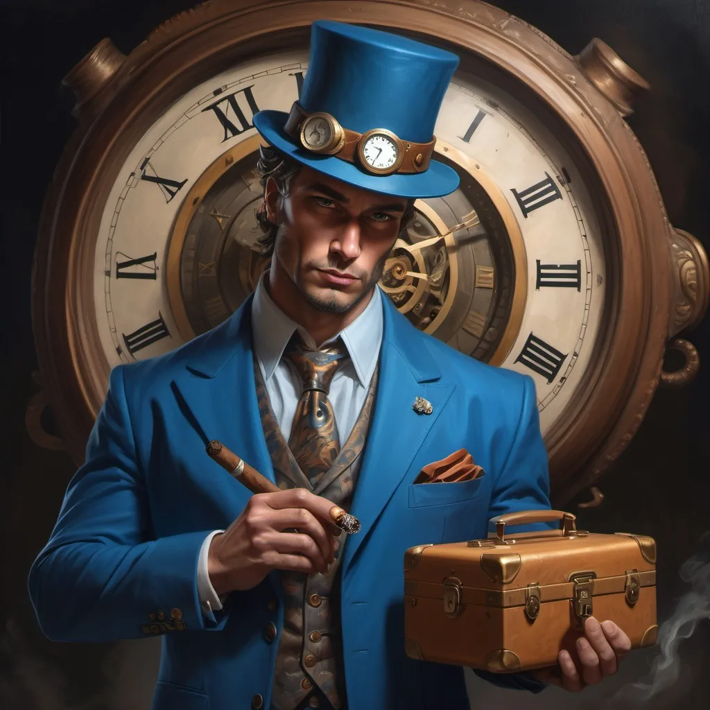 Prompt: a man in a blue suit holding a cigar and a case with a clock inside of it and a hat on his head, Clint Cearley, fantasy art, character portrait, a character portrait