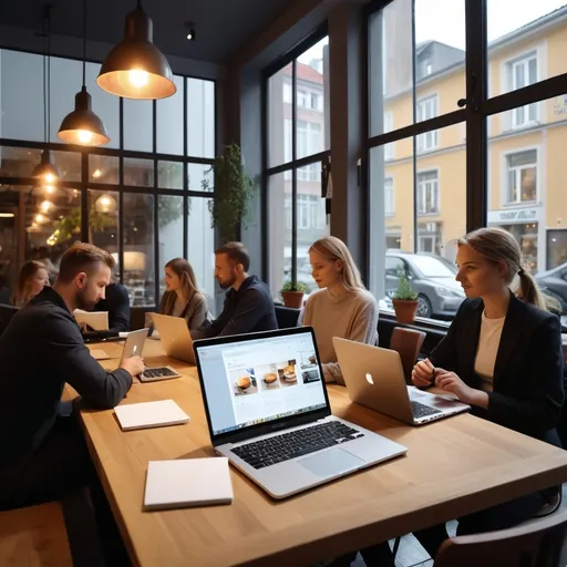 Prompt: Eine Gruppe von Trader sitzt in einem Cafe und hält ein Meeting.