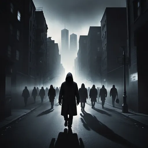 Prompt: imagine a digital pic of people  walking into death around the city. the whole thing is surrounded by a dark aura