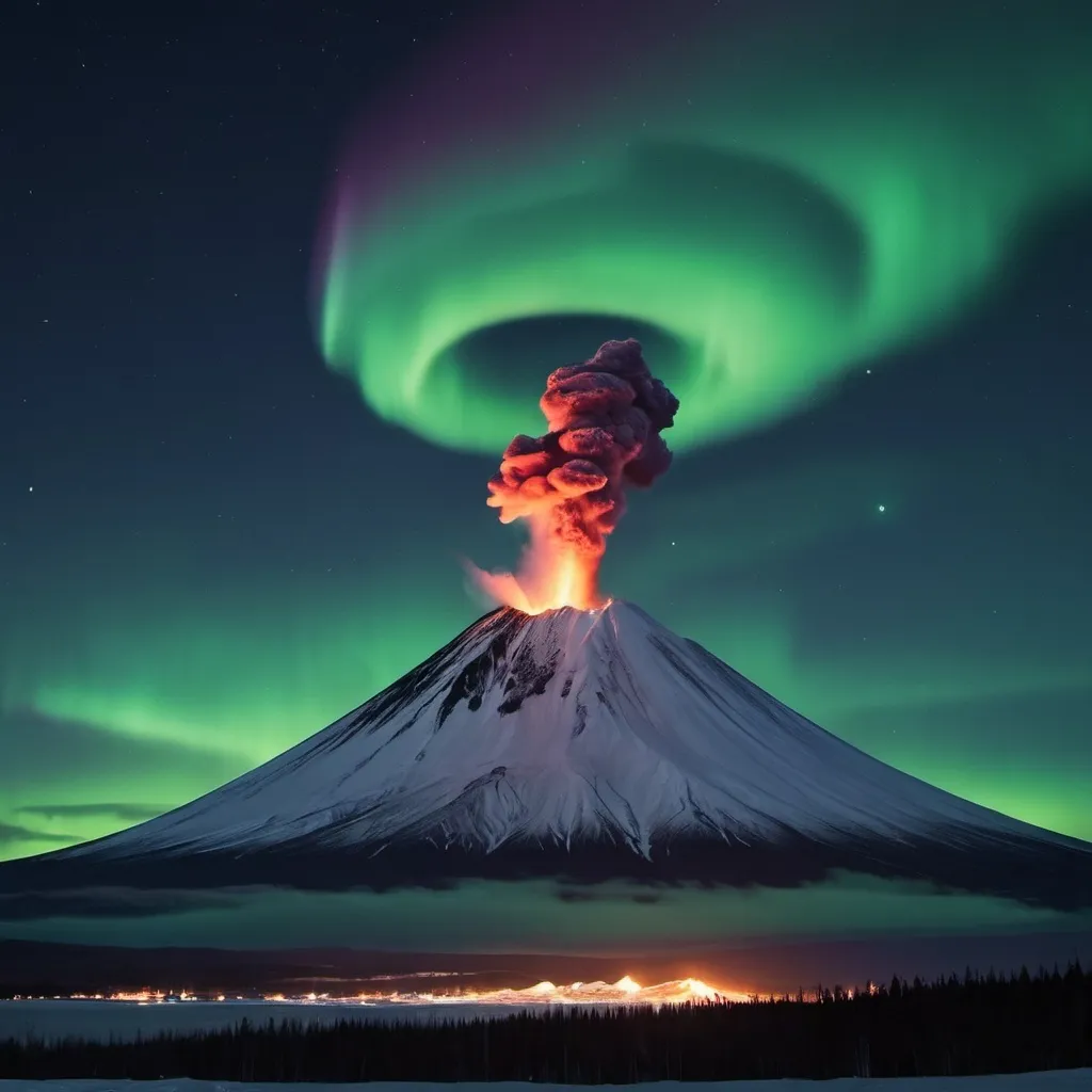 Prompt: imagine a volcano that is smoking. you can see a tiny moon in the background. you can see the aurora borealis in different locations in the sky