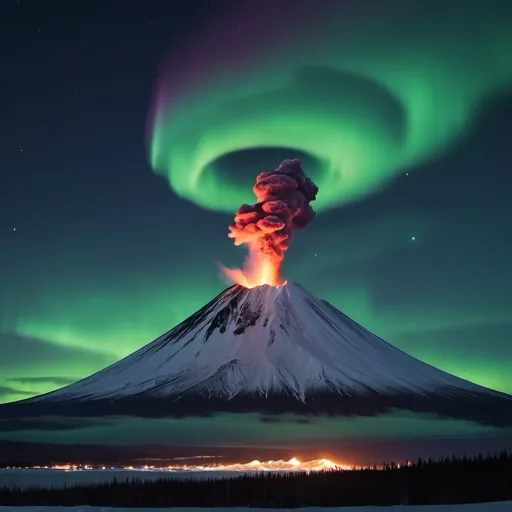 Prompt: imagine a volcano that is smoking. you can see a tiny moon in the background. you can see the aurora borealis in different locations in the sky