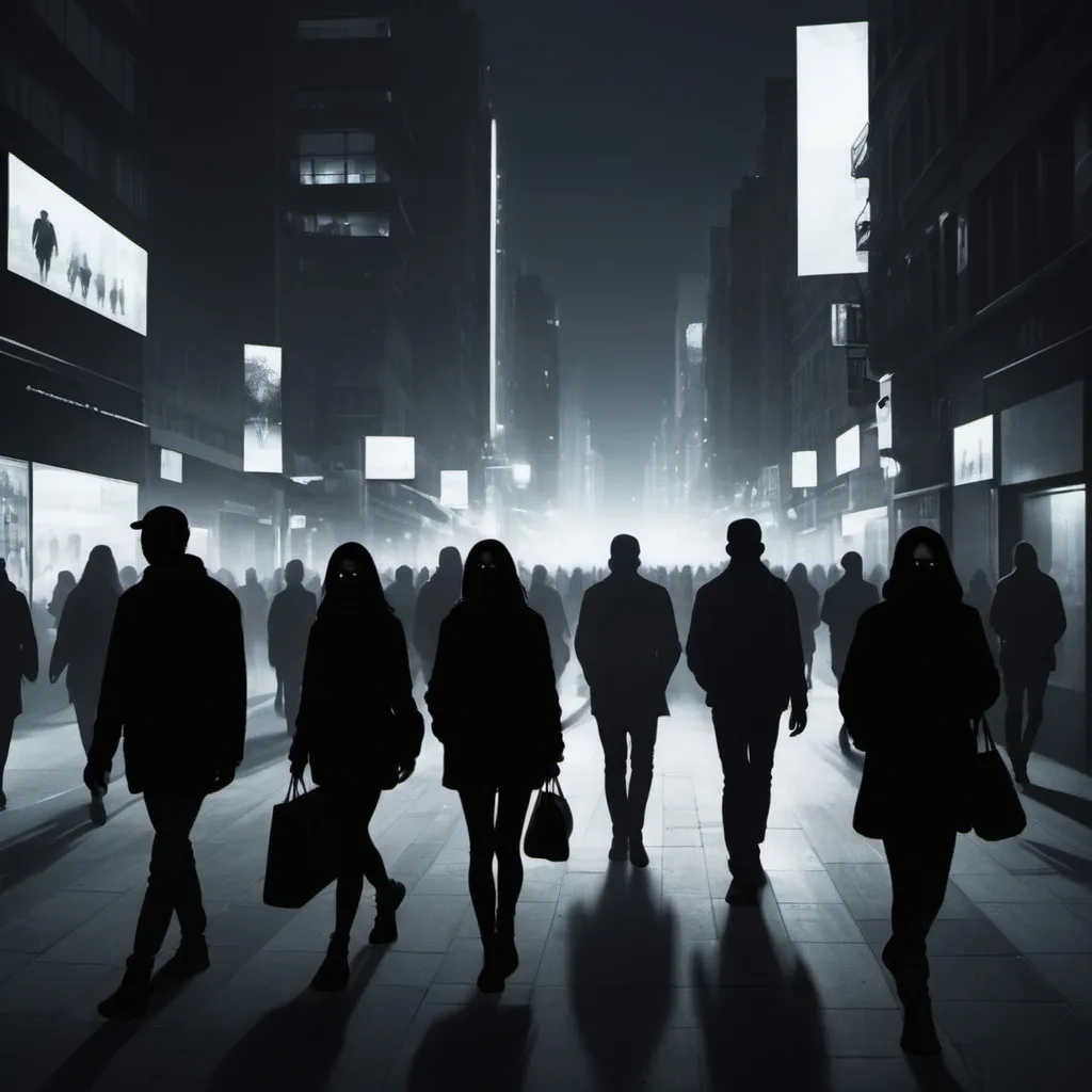 Prompt: imagine a digital pic of people  walking around the city. the whole thing is surrounded by a dark aura