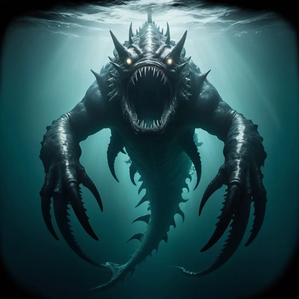 Prompt: imagine a digital sea monster under water that we look down on from above from a plane from a helicopter. the monster is looking at us. accompanied by a dark aura