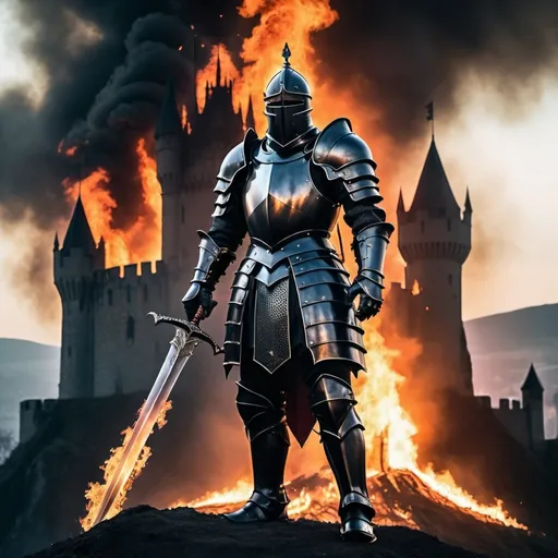 Prompt: imagine a digital photo of a whole knight in black knight armor with sword in hand, he is standing front to burning castle, in the distance you can see a burning castle, the whole thing is accompanied by a dark aura