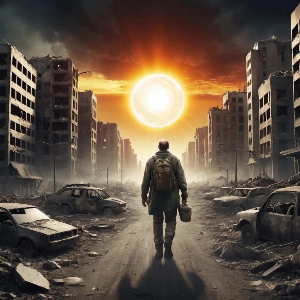 Prompt: Imagine a post-apocalyptic earth, a destroyed city, with the last man on earth walking towards the sun. the whole thing is surrounded by a dark aura