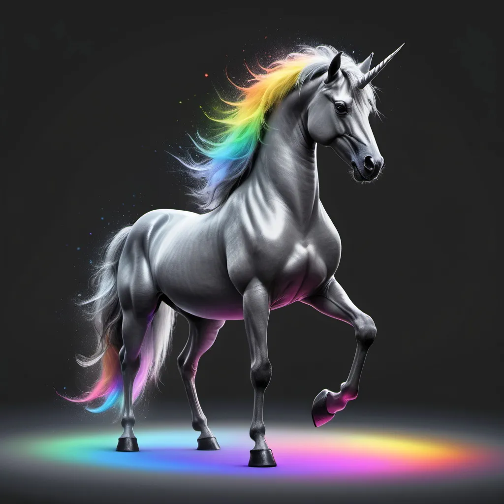 Prompt: imagine a digital unicorn without skin, grey rainbow, the whole thing is surrounded by a dark aura