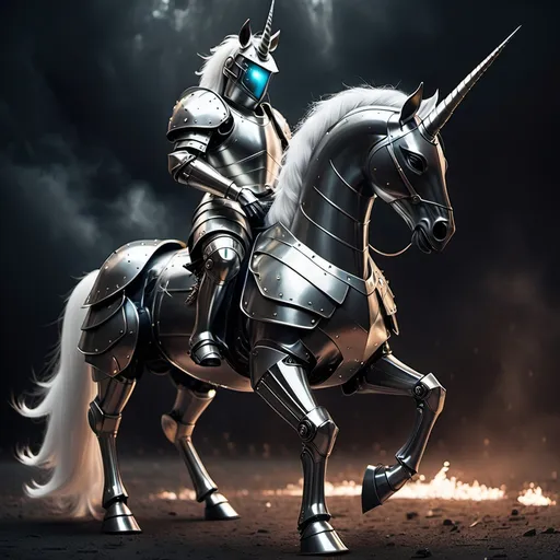 Prompt: imagine a digital war unicorn in armor, the whole thing is surrounded by a dark aura