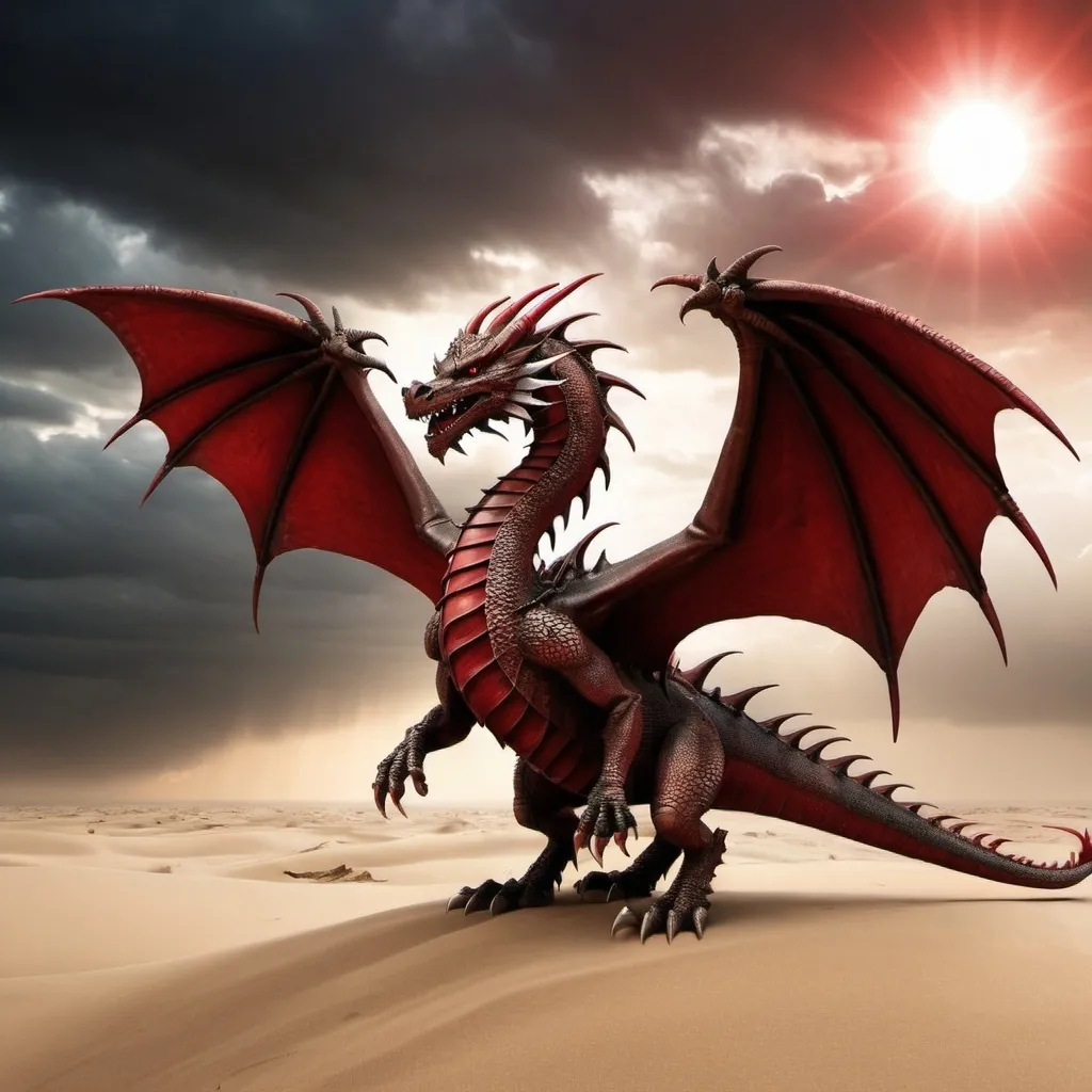 Prompt: imagine digital sand dragon with wings from sand. in backdround we can see dark clouds and blood red sun. 