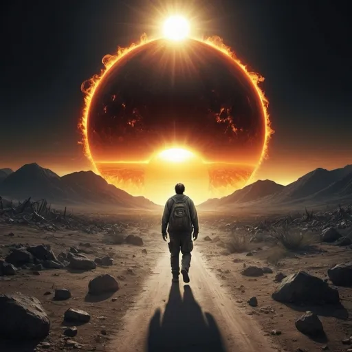 Prompt: Imagine a post-apocalyptic earth with the last man on earth walking towards the sun. the whole thing is surrounded by a dark aura