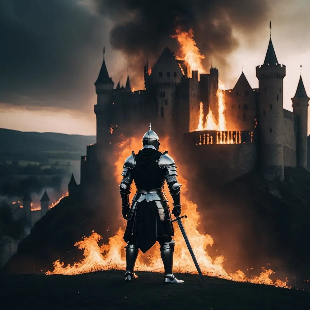 Prompt: imagine a digital photo of a whole knight in black armor with sword in hand, he is standing front to burning castle, in the distance you can see a burning castle, the whole thing is accompanied by a dark aura