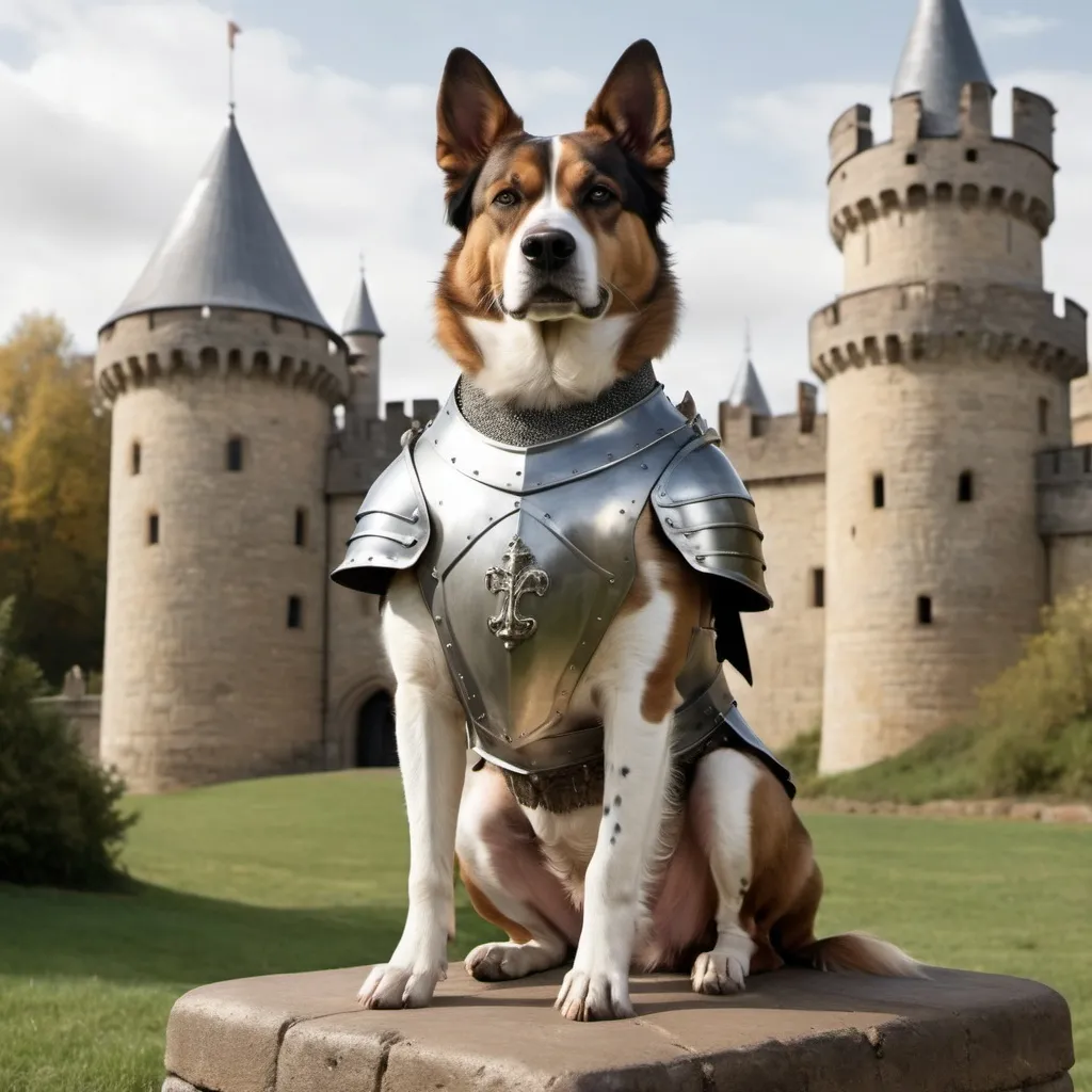 Prompt: imagine a digital photo of the full figure of a standing dog in knight's armor, with a castle and other dogs in knight's armor visible in the background