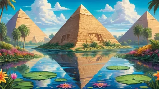 Prompt: vibrant Egyptian river anime fantasy art with three pyramids evenly spaced. There are green lily pads with flowers in the water. There are three suns in the sky; there is one sun directly centered above each pyramid