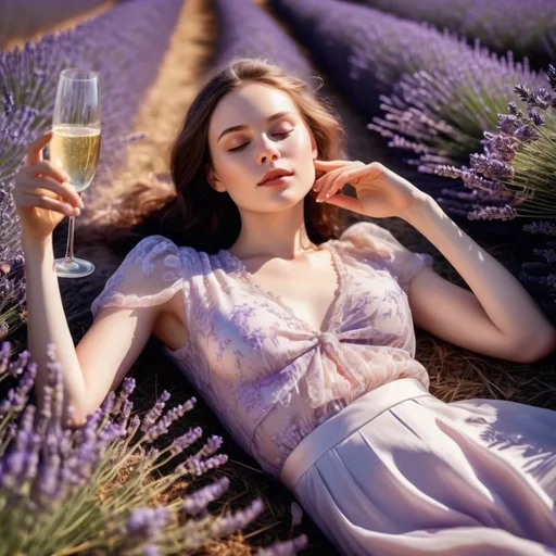 Prompt: Tall young black woman , laying down in a field of lavender, with one glass of champagne in her hand, soft sunlight on her face, detailed clothing, realistic, natural lighting