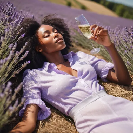 Prompt: Tall young black woman , laying down in a field of lavender, with one glass of champagne in her hand, soft sunlight on her face, detailed clothing, realistic, natural lighting