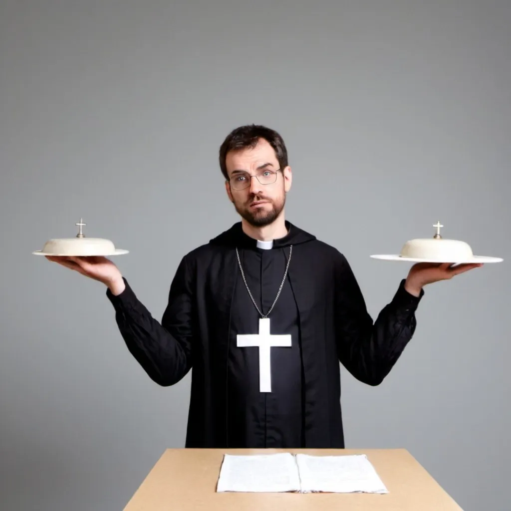 Prompt: A man weighing up two things but he is wearing a black priest uniform