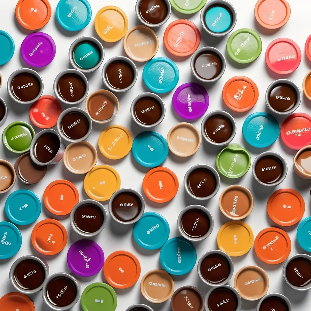 Prompt: Create a 3d image from a top down view of many scattered colorful coffee pods on a white background.