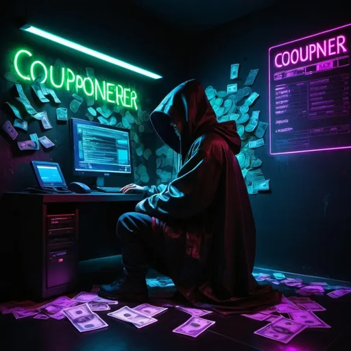 Prompt: A hooded figure shrouded in shadow, illuminated by the glow of a computer screen, stacks of money scattered on the floor, neon sign on a black wall with the words 'couponerrrr', cyberpunk aesthetic