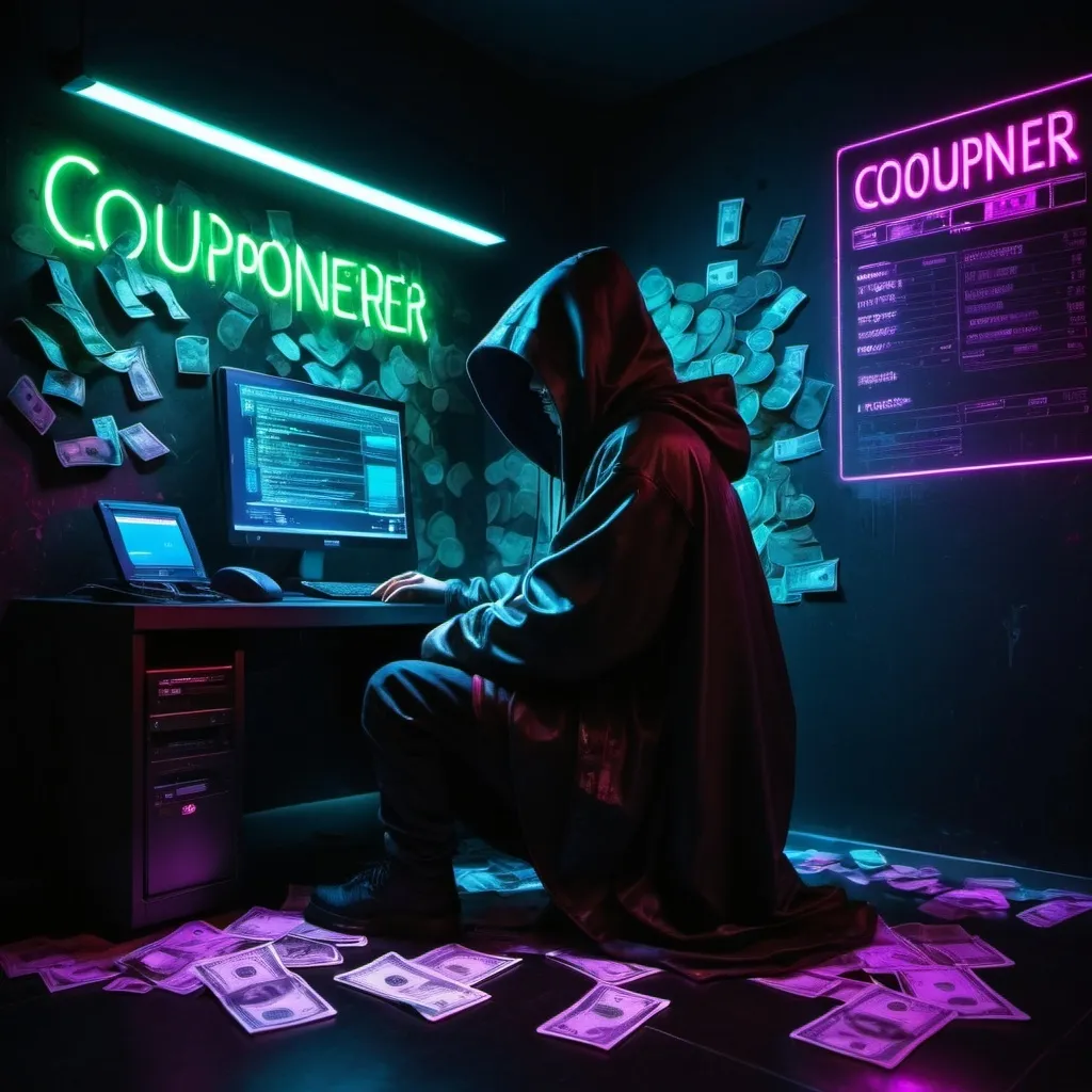 Prompt: A hooded figure shrouded in shadow, illuminated by the glow of a computer screen, stacks of money scattered on the floor, neon sign on a black wall with the words 'couponerrrr', cyberpunk aesthetic