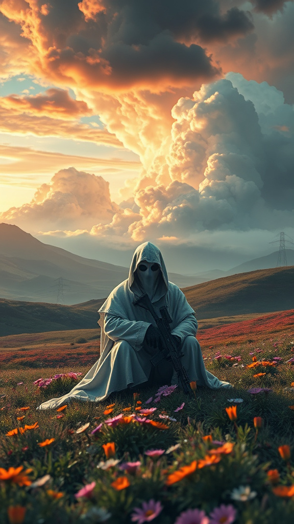 Prompt: Call of Duty Character Ghost sitting on a landscape, landscape is full of flowers and different colors, The sky is colorful and full of intimidating clouds