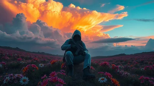 Prompt: Call of Duty Character Ghost sitting on a landscape, landscape is full of flowers and different colors, The sky is colorful and full of intimidating clouds