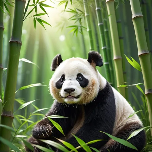 Prompt: (panda eating bamboo), (realistic), clumsy, cute, vibrant green bamboo forest, lush foliage, dappled sunlight filtering through leaves, soft shadows, high detail, serene atmosphere, tranquil setting, peaceful exploration, adorable expressions, fluffy fur, gentle movements, ultra-detailed, 4K quality.