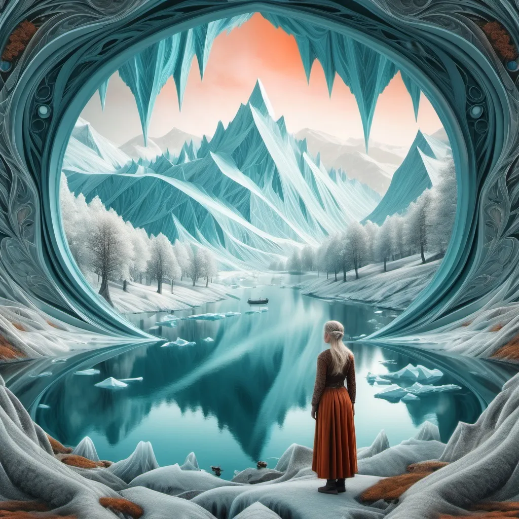 Prompt: Small woman in vast surrealist icy mountain woodland and fjord landscape. detailed. Serene waters. Meditative. Nordic. Viking tapestry style. fractal pattern. rococo. Rich bright colours.
