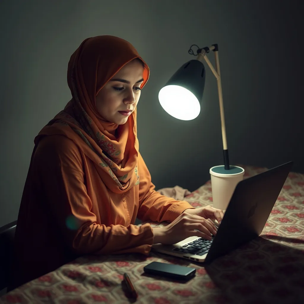 Prompt: some muslim girl are working with laptop, dim light, top view, 