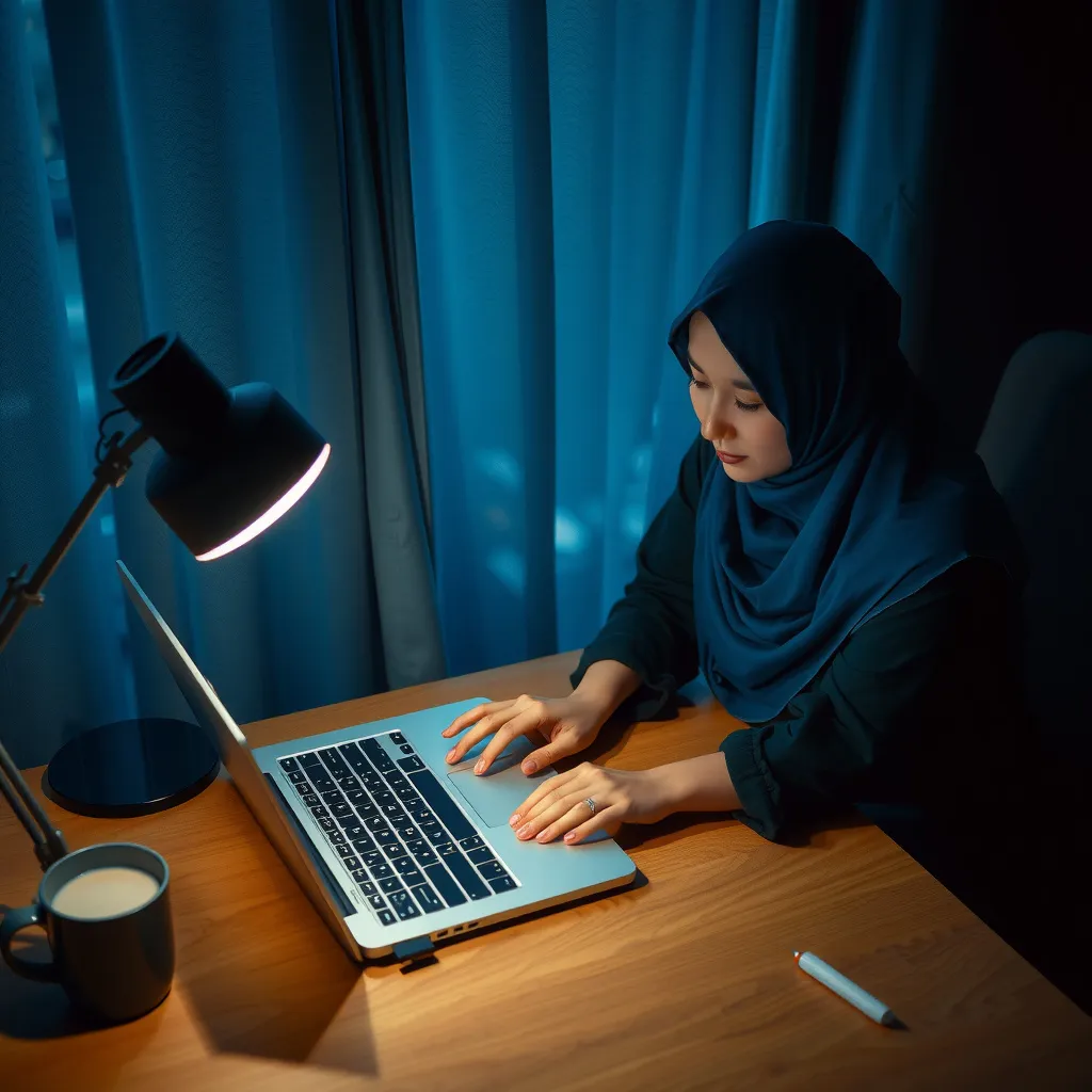 Prompt: some muslim girl are working with laptop, dim light, top view, 