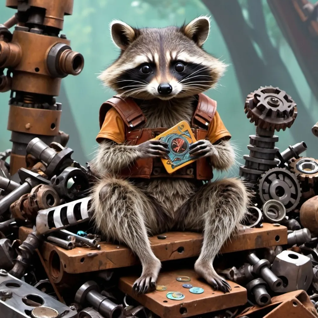 Prompt: a raccoon is sitting on a pile of mechanical junk, in the style of magic the gathering